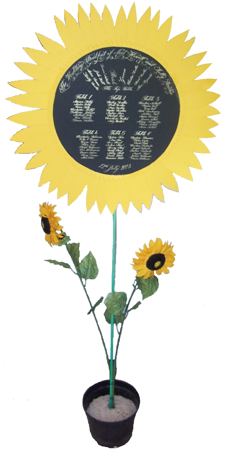 Example 13 Something a little different, this seating plan is written onto a circular piece of black cartridge card with white gouache. The black card was then set into yellow cartridge card cut into a sunflower petal shape. This was mounted onto a green garden stick and set into a vase with some plastic sunflowers to be a freestanding seating plan at the entrance to the reception venue.